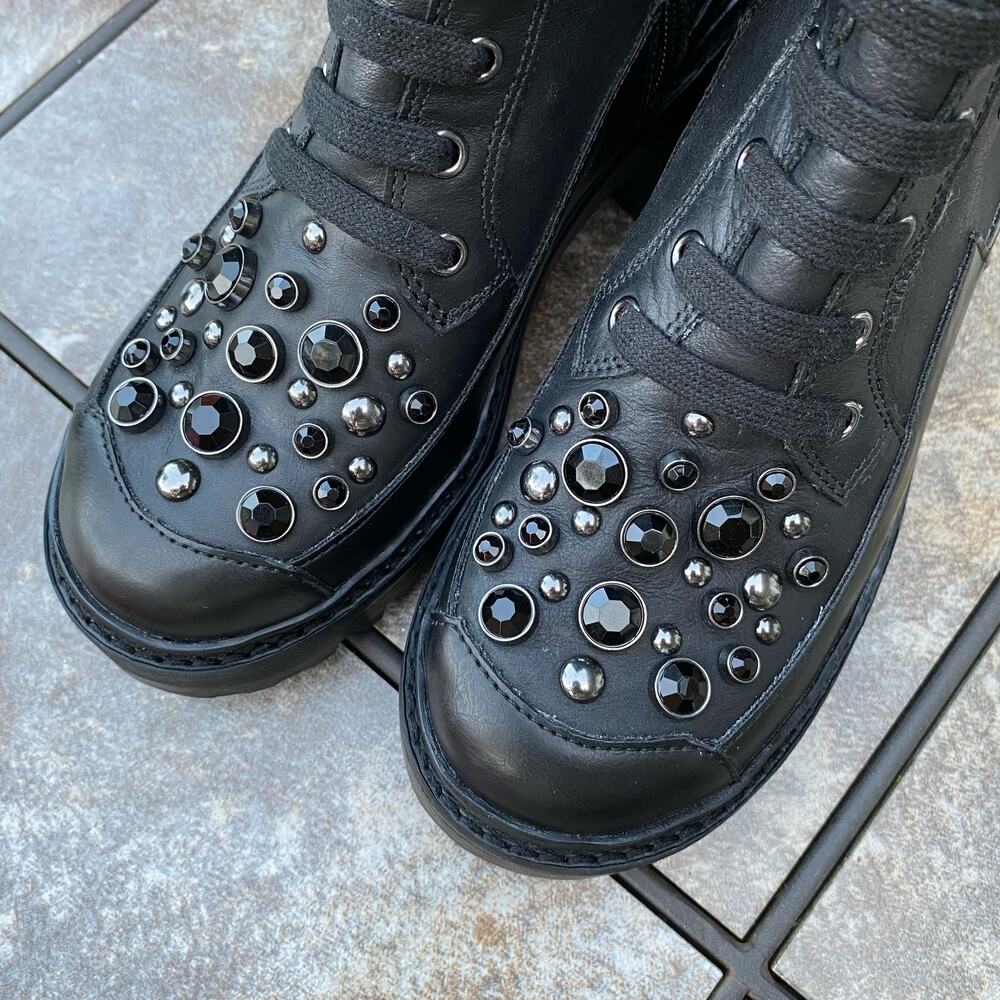 New KARL LAGERFELD PARIS Black Breck Studded Leather Moto Combat Boot Size 6 - Picture 11 of 12